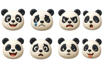 A charming set of 3D cartoon panda head emojis expressing a wide range of emotions like happy, sad, angry, and surprised for digital communication