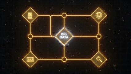 A glowing orange network centered on the 'Big Data' concept, illustrating the connections between processing, storage servers, global reach, and analytic visualization in an IT system.