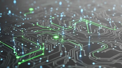 Close-up of a dark circuit board with glowing green and blue pathways, showing active data flow and processing at a microscopic component level. Symbolizes connectivity and technology.