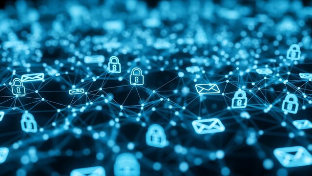 An abstract, blurry digital network grid with glowing blue icons of envelopes and padlocks. Represents secure global communication, data encryption, and cyber security protocols.