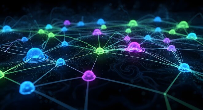 An abstract digital network of glowing, interconnected nodes in vibrant colors like blue, green, and purple, representing data and connectivity.