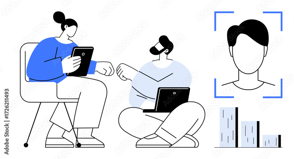 Poster two people using tablet and laptop, data bars, facial recognition outline. ideal for teamwork, techn