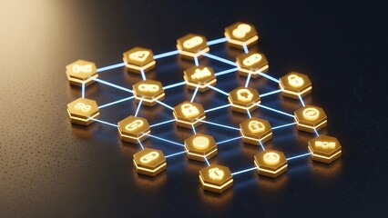 An interconnected, golden network of hexagon nodes showing icons for security, storage, data, and analytics. Centers on a 'Cloud Service,' symbolizing decentralized data and blockchain architecture.