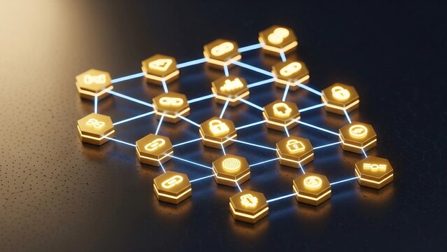 An interconnected, golden network of hexagon nodes showing icons for security, storage, data, and analytics. Centers on a 'Cloud Service,' symbolizing decentralized data and blockchain architecture.