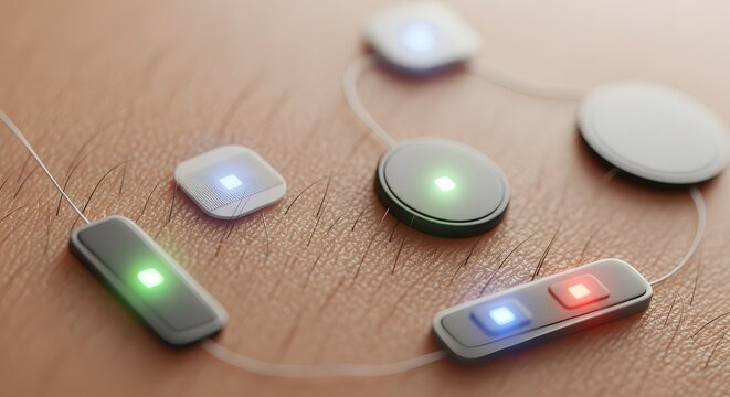 Close-up of interconnected wearable electronic sensors with glowing lights on a skin-like surface, possibly for health monitoring or data collection.