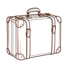 Vintage suitcase illustration; rectangular shape, top handle, brown leather straps, metal corners