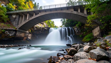 Concrete bridge spans over a waterfall amidst a rocky landscape and lush foliage