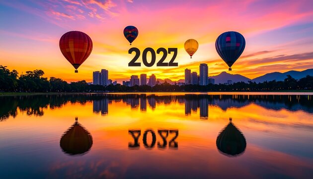 Vibrant sunset over city, hot air balloons reflecting in calm water, 2022