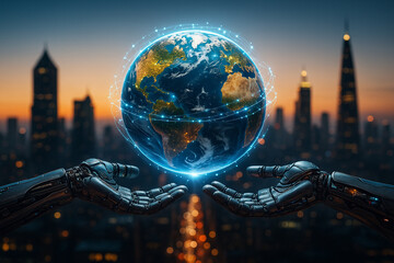 AI generated ultra realistic image of robotic hands holding glowing digital earth with futuristic city background symbolizing technology innovation and global connection