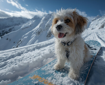 Cavachon dog snowboarding on snowy mountain