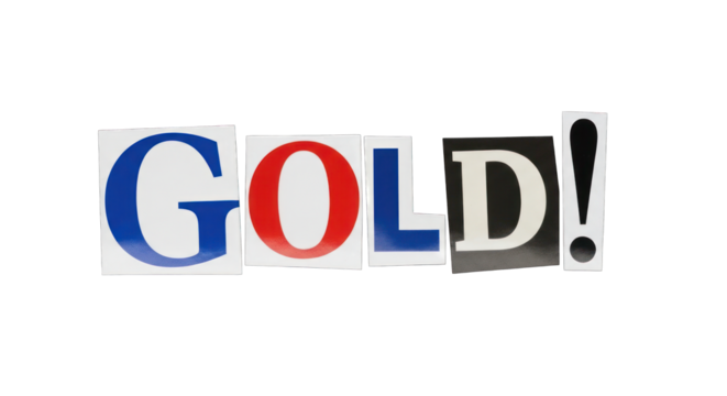 Colorful Cutout Letters Spelling GOLD on White Background.
