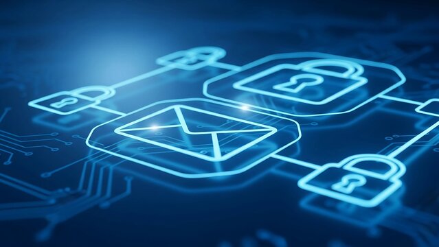 A blue glowing diagram of an encrypted message flow with an envelope connecting to multiple padlocks over a circuit board background. Symbolizes secure communication and cyber protection.