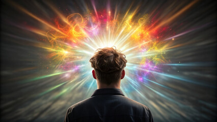 Neurodiversity concept ,young person with radiant colorful creative explosion from head expressing imagination and wonder