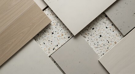An overhead shot showcasing various samples of wood and terrazzo in neutral tones. The samples overlap, creating a textured and modern design aesthetic.