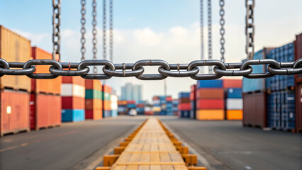 Tariff and Barriers concept ,broken chain link above cargo pallet at shipping yard evokes industrial tension and safety concern