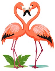 Obraz premium Two pink flamingos face each other, necks forming a heart shape above a small patch of greenery