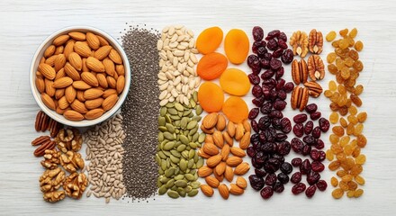 A variety of nuts and dried fruits are arranged in neat rows on a lightcolored wooden surface