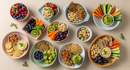 A vibrant spread of healthy snacks on a light wooden surface