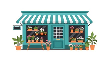 A charming teal storefront with a striped awning displays a variety of potted flowers and plants, suggesting a florist shop or garden center. The image is clean and simple, ideal for brandin