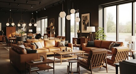 A modern furniture showroom showcasing mid-century modern style leather sofas, wooden coffee tables, and statement lighting. Warm, inviting atmosphere with large windows.