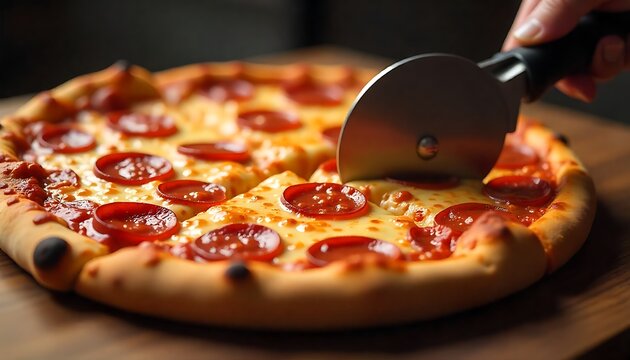 Savor the moment as a sharp pizza cutter slices through a delicious, cheesy pepperoni pizza, creating mouthwatering anticipation for every bite.