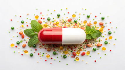 Immune and Vitamin concept ,red capsule probiotic microelement herb mint supplement vitamin colorful bead gel bead alternative
