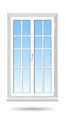 Obraz premium White double-hung window with multiple panes, light blue sky gradient visible through the glass