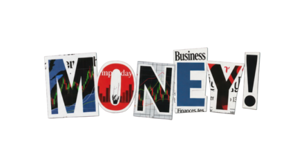 Collage of MONEY word with stock charts.