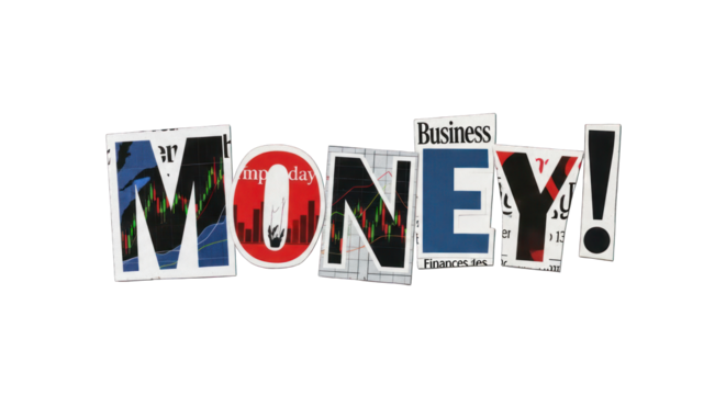 Collage of MONEY word with stock charts.