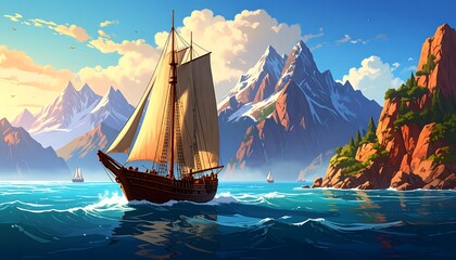Sailing ship in a serene mountain landscape