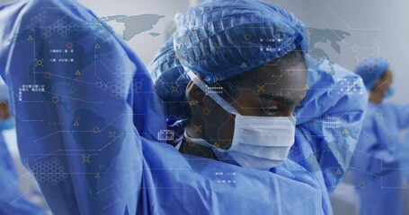 Surgeon securing surgical attire as digital map and network icons growing for surgery preparation - Powered by Adobe