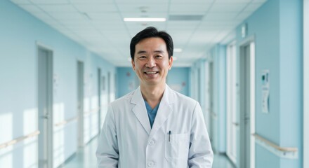 Medical professional smiling in hospital corridor healthcare setting portrait bright environment positive vibes
