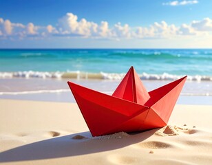 Red Origami Boat on a Sunny Beach Scene