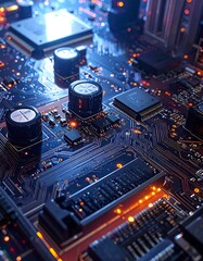 Close-up of a complex circuit board, glowing components