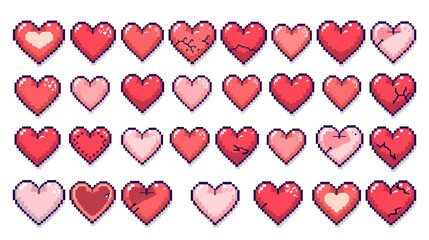 Collection of pixelated hearts in various states of fullness and repair