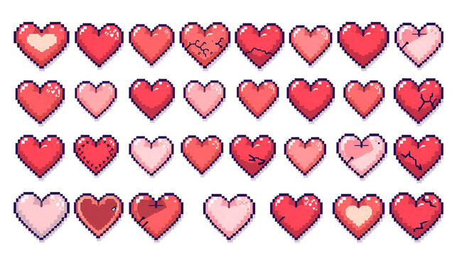 Collection of pixelated hearts in various states of fullness and repair