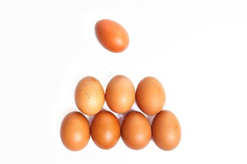 Top view of fresh chicken egg isolated on white background with copy space. Suitable for editing and used for food and nutrition advertising.