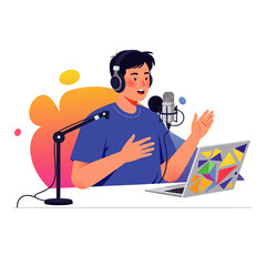 A young man records a podcast with a microphone and laptop, gesturing with his hand in a bright, colorful illustration.