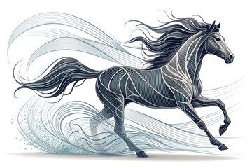 Artistic illustration of a galloping horse with flowing lines and motion effects