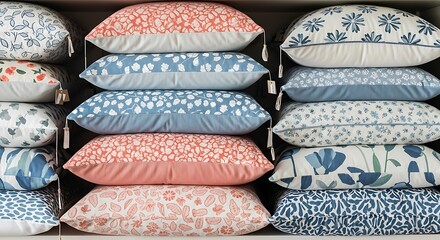 Neatly stacked decorative pillows in various pastel floral and abstract prints displayed on a shelf. Blue, coral, and white patterns dominate.