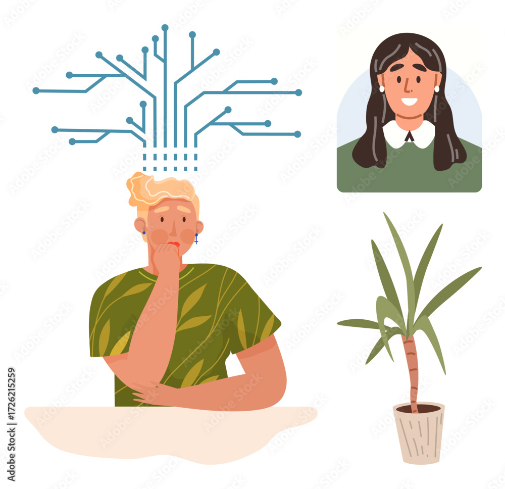 Aufkleber contemplative individual under a circuit-thumbs up branching structure, next to a profile picture an