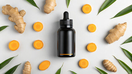 Amber dropper bottle with ginger root turmeric slice and green leaf arranged flat lay for immune wellness