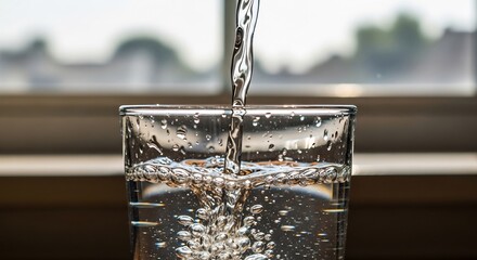 Clear water pouring into a glass creating bubbles