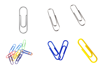 Collection of metal and colorful plastic-coated paperclips in different arrangements, isolated on a clean background.