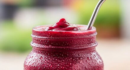 Closeup of a berry smoothie in a glass jar with a metal straw