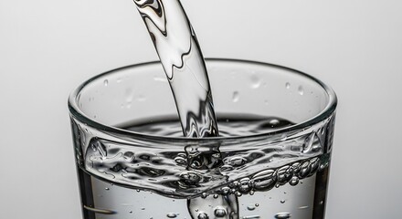 Clear water pours into a glass creating ripples and bubbles