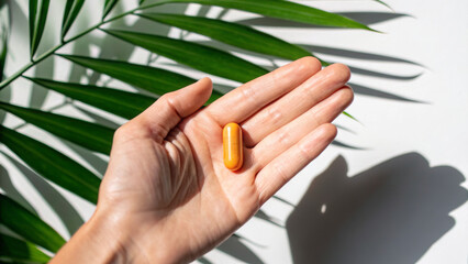Turmeric supplement concept ,hand holding turmeric capsule under natural light with palm leaf shadow, wellness mood