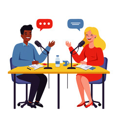 Two people, a man and a woman, are recording a podcast, sitting at a table with microphones and speech bubbles above their heads.