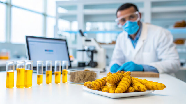 Turmeric supplement concept ,turmeric root laboratory analysis, lab worker testing extract, scientific turmeric study