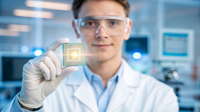 Lab technician microchip circuit glove laboratory scientist technology innovation microprocessor semiconductor electronics